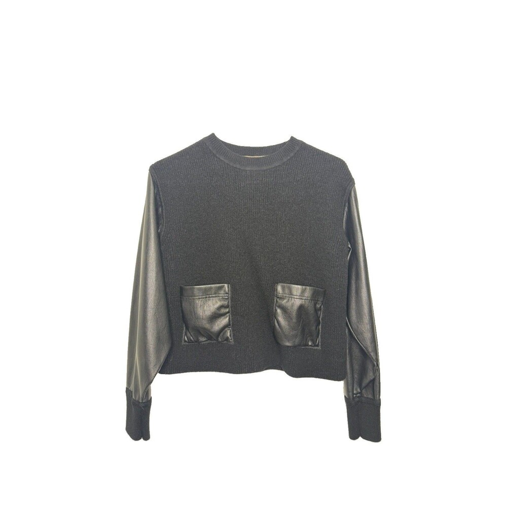 NWOT Boss Fanalian Faux Leather Sleeve S Black Crewneck Wool Sweater MSRP $348